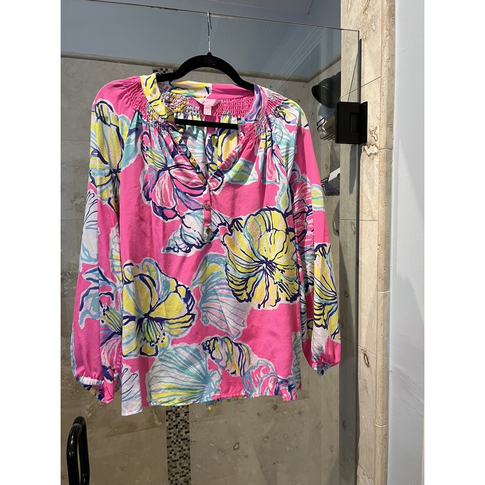Lilly Pulitzer Elsa Silk Blouse Magenta Pink Floral Shell Tunic Top Medium NEW